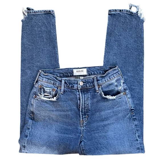 AGOLDE Toni Mid Rise Straight Leg Ankle Blue Denim Jean Distressed Hem Size 28 - Picture 7 of 13